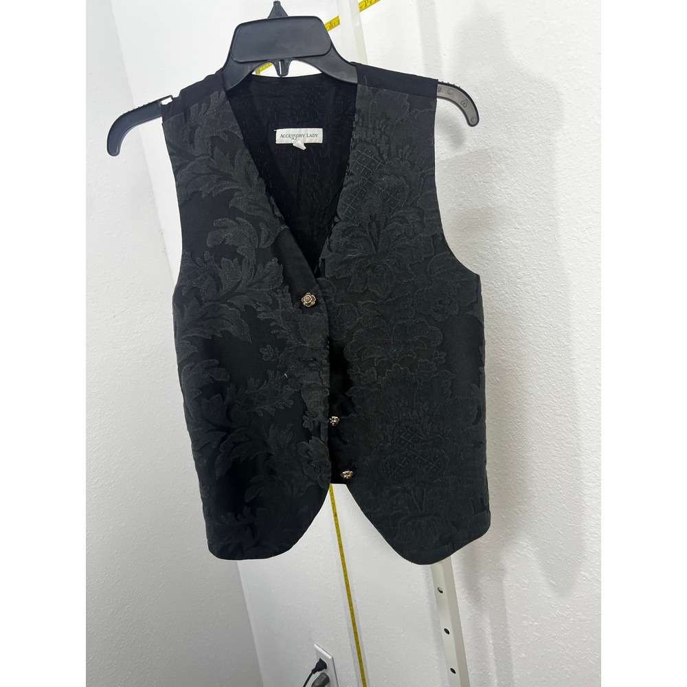 Accessory Lady Black Damask Floral Tapestry Vest Gold Rose Buttons Vintage Small